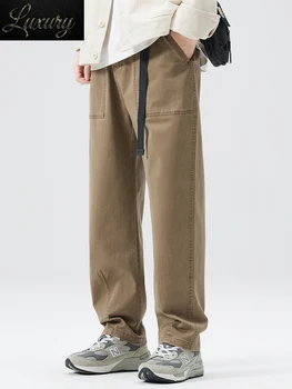 2023 Новые осенние мужские повседневные брюки из однотонного выстиранного хлопка, широкие мешковатые брюки для мужчин, прямые брюки-карго с ремнями