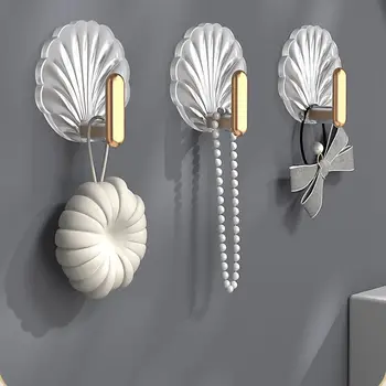 4шт Прозрачных крючков в форме раковины, Декоративный пластиковый самоклеящийся держатель для ключей, Настенный крючок для хранения одежды без перфорации