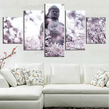 5-панельный креативный плакат с цветущей сакурой и пейзажем Будды, фото на стену, гостиная, холст, картины, художественные работы
