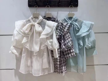 Kuzuwata Летняя блузка с летящими рукавами и милым бантом, Шифоновая рубашка с каскадными оборками, облегающая талия, модный топ в японском стиле Шик