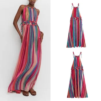 PB & ZA летнее новое женское платье с темпераментом, модный курортный стиль, шикарное полосатое платье на бретелях