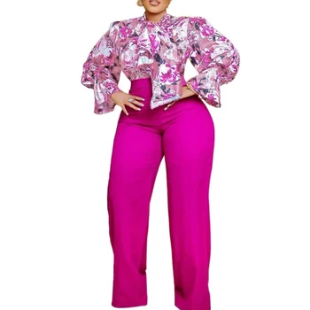 Q070 Осенне-зимний женский свободный повседневный костюм большого размера с принтом, рубашка с длинными рукавами, широкие брюки, женский комплект из двух предметов с перекрестной каймой