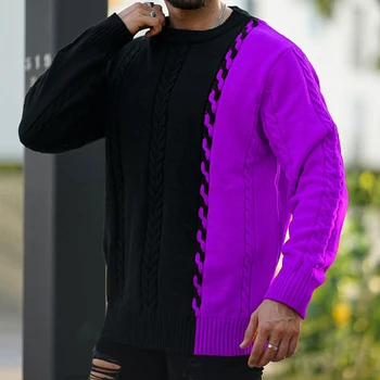 Y2K Пэчворк, вязаные крючком свитера, Мужской повседневный джемпер с длинным рукавом и круглым вырезом, осенне-зимний Модный жаккардовый свитер контрастного цвета