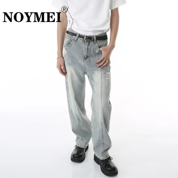Брюки NOYMEI, Новые прямые Свободные Персонализированные джинсы с перфорацией средней линии, лоскутные джинсы в Корейском стиле, однотонные осенние брюки WA1901