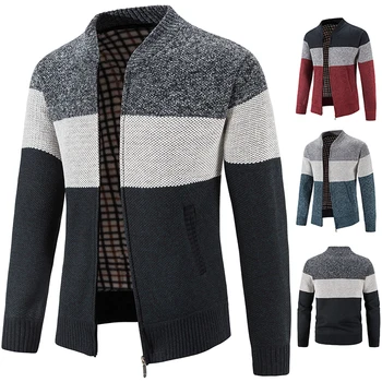 Весенне-осенняя куртка, вязаный свитер, Зимний флисовый джемпер, мужской кардиган на молнии в полоску для мальчиков Y2K, модное пальто с бейсбольным воротником