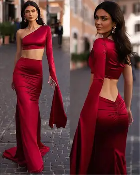 Винно-красный, из двух частей, Атласные вечерние платья Русалки с длинным рукавом на одно плечо, выпускные платья знаменитостей для официальных мероприятий