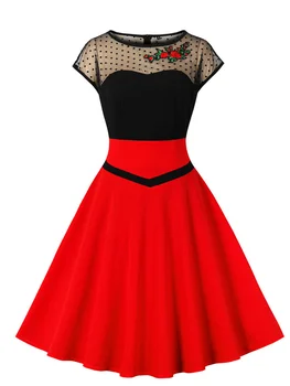 Винтаж вышивка миди летнее платье сексуальный видеть сквозь 50-х годов офиса красный черный Лоскутная пинап большие качели взлетно-посадочной полосы платье для коктейля