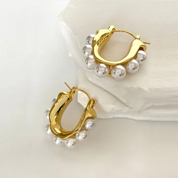 Винтажные Эстетичные Маленькие серьги-обнимашки с имитацией жемчуга для женщин, золотые обручи, пряжка для ушей, Свадебные украшения для невесты, Аксессуары
