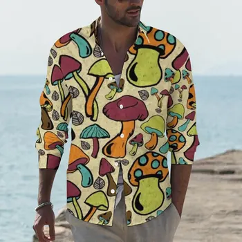 Грибная рубашка Мужские Повседневные рубашки Осень Y2K Графические Блузки с длинным рукавом Винтажная одежда Оверсайз Подарок