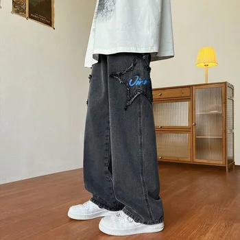 Джинсы со звездной вышивкой Унисекс 2023 Весна-осень Тренд Свободные прямые Широкие джинсовые брюки American High Street Длинные брюки