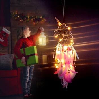 Единорог Dreamcather со светодиодной подсветкой, цветок ручной работы, красочные ловушки для перьев, Настенное украшение для девочек, Детская спальня, дом