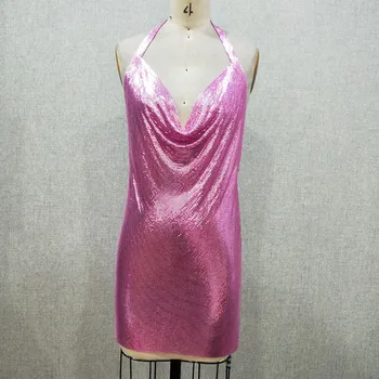 Жаркое летнее вечернее платье, блестящий Металлик, ярко-розовый, модное платье из металлической сетки для девочек, Глянцевое Сексуальное облегающее платье Миди