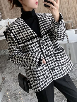 Женская куртка 2023 Осенняя мода Корея Матросский воротник в клетку Элегантное пальто Оверсайз с длинным рукавом Офисная женская одежда