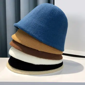 Женская Рыбацкая шляпа с круглым куполом, короткими полями, толстая теплая панама, Зимняя вязаная шерстяная модная шапка для бассейна