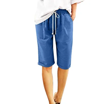 Женские летние хлопчатобумажные брюки, шорты с высокой талией, карман для пляжных тренировок, пятиточечные брюки на шнуровке