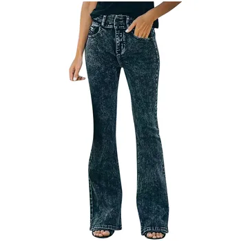 Женские узкие джинсы-стрейч С высокой талией и карманом, широкие брюки, расклешенные узкие брюки на пуговицах, Джинсовая женская одежда Harajuku