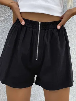 Женские черные шорты 2023, летние повседневные шорты с застежкой-молнией, широкие шорты для ног, женские тонкие дышащие шорты с эластичной резинкой на талии