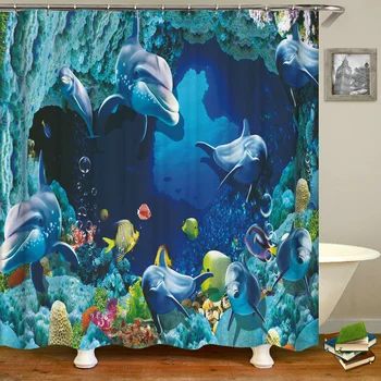 Занавески для ванной комнаты с океанским дельфином и морской рыбой Занавески для душа Домашний декор с 3D принтом и крючками 180x240 см Занавески для ванны