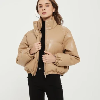 Зимняя новая куртка из искусственной кожи со стоячим воротником, женское пальто, модные Европейско-американские повседневные простые короткие парки с хлопковой подкладкой
