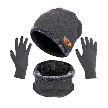 Комплект перчаток-шапочек унисекс, кольцо, шарф, перчатки, Зимние Вязаные Толстые Теплые Женские Мужские Однотонные ретро-шапочки, мягкие перчатки с сенсорным экраном