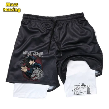 Компрессионные шорты аниме Дзюдзюцу Кайсен 2 в 1 для мужчин, быстросохнущие эластичные спортивные шорты для фитнеса, тренировки, бега