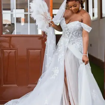Красивые свадебные платья с кружевными аппликациями, шлейф в африканском стиле с открытыми плечами, пояс из бисера, свадебные платья 2023 года