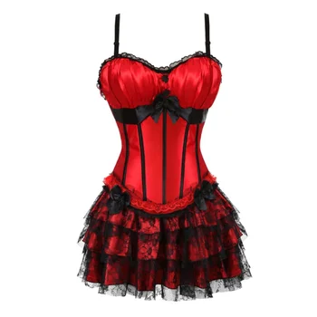 Красный корсетный топ, мини-юбка, кружевной карнавальный костюм для вечеринки, танцевальное платье для танцовщицы, корсетные платья для женщин, сексуальный корсет на бретельках