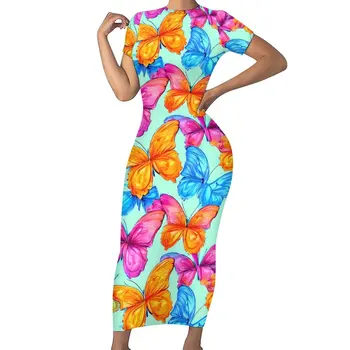 Красочное облегающее платье с бабочкой, Праздничный животный принт, Ретро-платья Макси, Женский короткий рукав, Уличный стиль, платье большого размера
