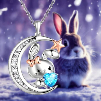 Креативное ожерелье с подвеской в виде кролика в виде полумесяца из синего хрусталя для женщин, милые мультяшные украшения с животными, модные вечеринки, Подарки на День рождения, любовь