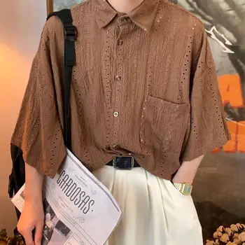 Летняя мужская рубашка с короткими рукавами в стиле ретро 2023, модный тренд, повседневные белые / коричневые рубашки, высококачественная одежда унисекс.