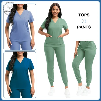 Медицинская униформа Niaahinn Scrubs, женский высококачественный хирургический халат, рабочая одежда для врача, медсестры, однотонная униформа для красоты, спа-женщины, мужчины