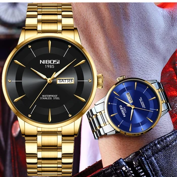 Модные мужские часы NIBOSI, роскошные мужские часы из нержавеющей стали, деловые часы с автоматической датой, минималистичные аналоговые кварцевые наручные часы