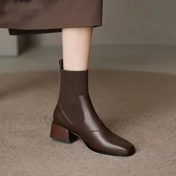 Модные простые женские носки и ботинки на толстом каблуке и низком каблуке 2023 года, короткие женские ботинки простой индивидуальности