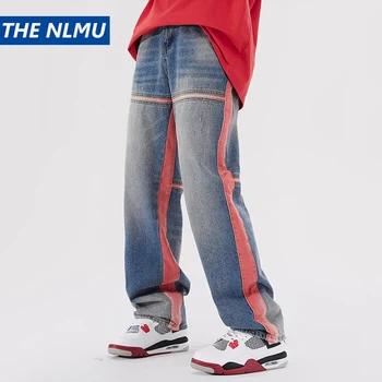 Мужская уличная одежда в стиле хип-хоп, мешковатые джинсы, полосатые лоскутные свободные прямые джинсовые брюки, мешковатые джинсовые брюки для мужчин