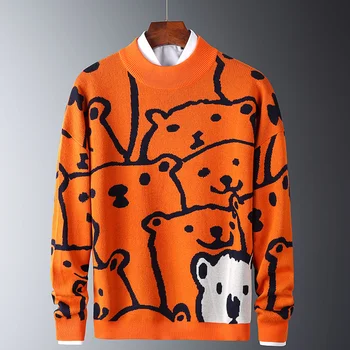 Мужские осенние повседневные свитера с рисунком белого Медведя, Модные тонкие свитера, Хлопковые Теплые пуловеры с длинным рукавом и круглым воротником, Оранжевые