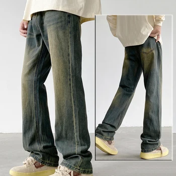 Мужские повседневные брюки в американском стиле, винтажные джинсы с микро-клешами, уличный модный бренд denim, универсальные свободные джинсы для молодых людей