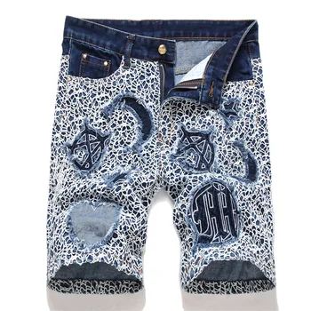 Мужские рваные короткие джинсы с заплатками для хай-стрит, модная уличная одежда, джинсовые шорты свободного покроя в стиле хип-хоп, короткие брюки в сеточку в стиле пэчворк.