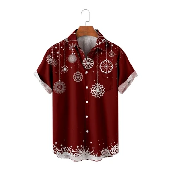 Мужские рождественские рубашки с принтом в виде снежинок, красные топы, летняя рубашка для пляжного отдыха с коротким рукавом, Дышащая