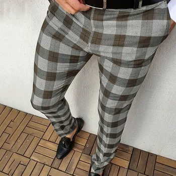 Мужской повседневный деловой костюм в клетку с геометрическим принтом, брюки для ног с карманами, прямые длинные брюки, Уличная мужская одежда