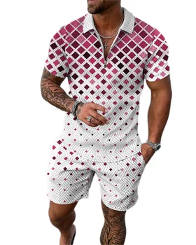 Мужской спортивный костюм с ромбовидным рисунком, летняя рубашка-поло с коротким рукавом, шорты, костюм, комплект одежды с геометрическим принтом, 2 шт.