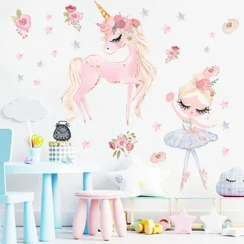 мультяшный единорог с девочкой наклейка на стену для детской комнаты самоклеящаяся гостиная ТВ фон настенная роспись наклейка
