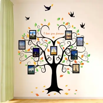 Наклейка на стену в виде фоторамки с изображением дерева и птицы в форме сердца, семейные наклейки для влюбленных, настенное искусство, домашний декор, съемная надпись 