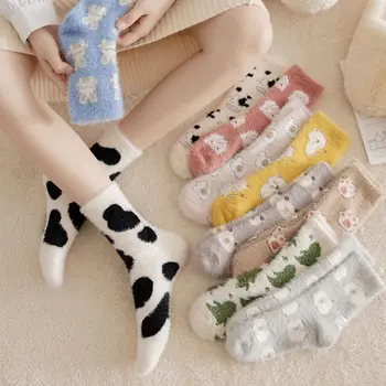 Новая 1 пара носков из искусственного меха норки, женские носки-трубки Kawaii, осень-зима, Толстые теплые носки для сна с милыми животными