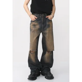 Новинка 2023 года, крутые сексуальные джинсовые брюки с дырками от кислотной стирки, модные мужские брюки высокого качества