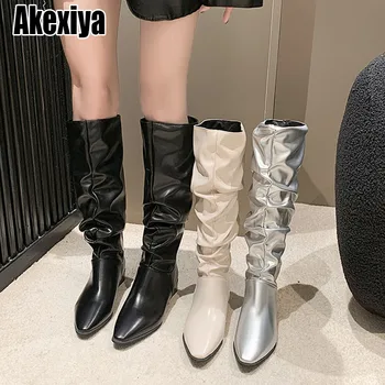 Новые женские сапоги с острым рукавом на толстом каблуке и высотой до колена, модный показ мод, Женские ботинки, Зимние ботинки bc7180