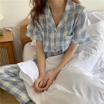 Пижама, женские летние клетчатые брюки с короткими рукавами, кардиган, комплект из двух предметов, новая верхняя одежда в корейском стиле, летняя домашняя одежда