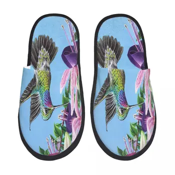 Пушистые тапочки с цветочным рисунком и птицами, Плюшевые тапочки-горки с открытым носком и поролоном, Зимняя домашняя обувь
