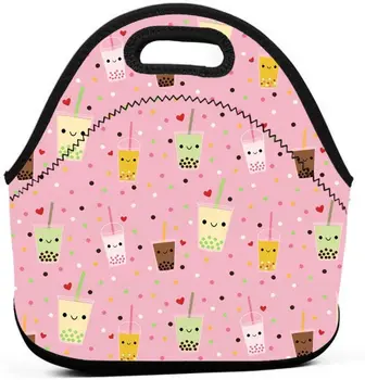 Розовый Неопреновый ланч-бокс Happy Boba Bubble Tea, сумка-тоут, Многоразовый утепленный легкий ланч-бокс для школьного пикника, органайзер для рабочего стола