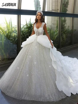 Роскошное свадебное платье на бретелях с глубоким V-образным вырезом, романтические аппликации, бисероплетение, элегантное свадебное платье Vestidos De Novia