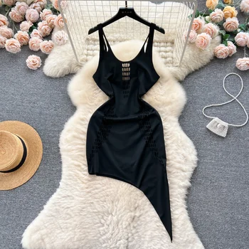 Сексуальное Мини-облегающее платье с дырочками, Женское Летнее Черное платье на тонких бретельках без рукавов с открытой спиной, облегающее платье для вечеринок